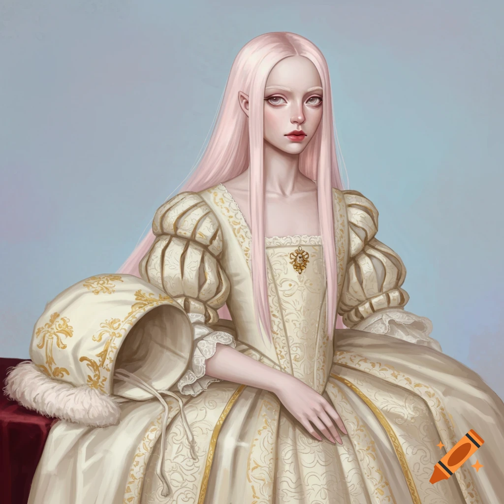 A girl with pale skin and pink hair in a 1600s-style gown.