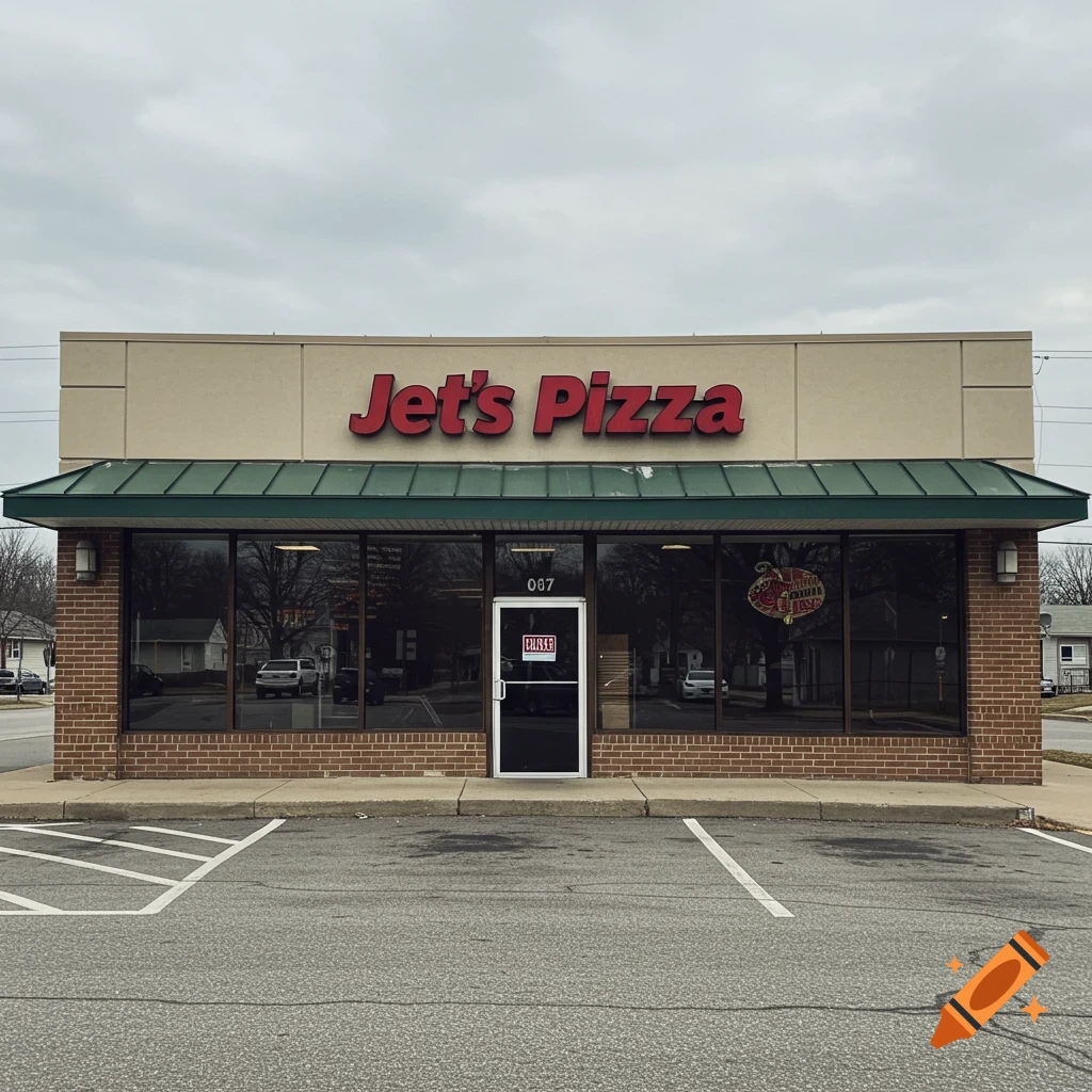 Exterior of a Jet's Pizza restaurant with a closed sign on the door