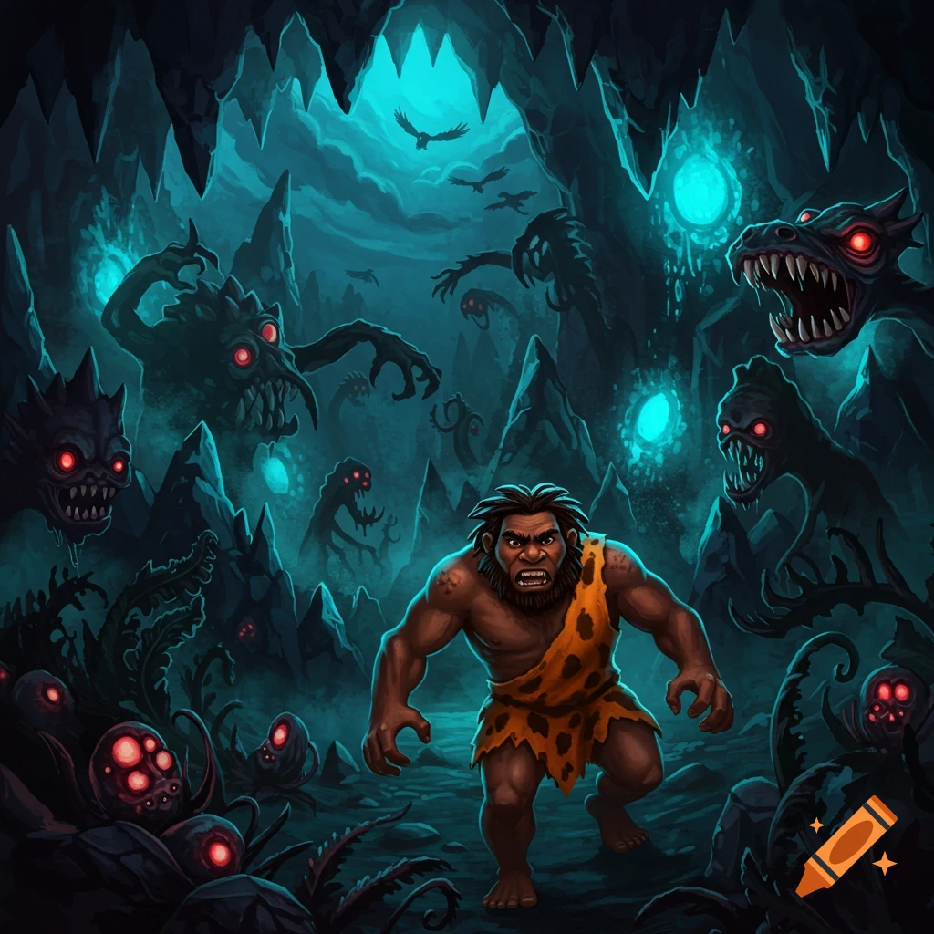 A caveman facing monstrous creatures in a dark cave.