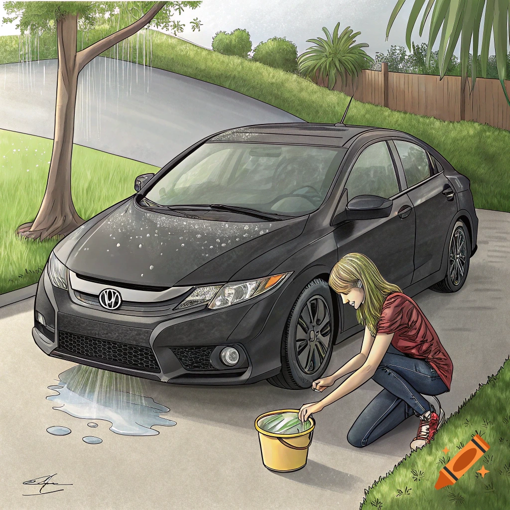 Illustration of a blonde person washing a black car in a driveway.