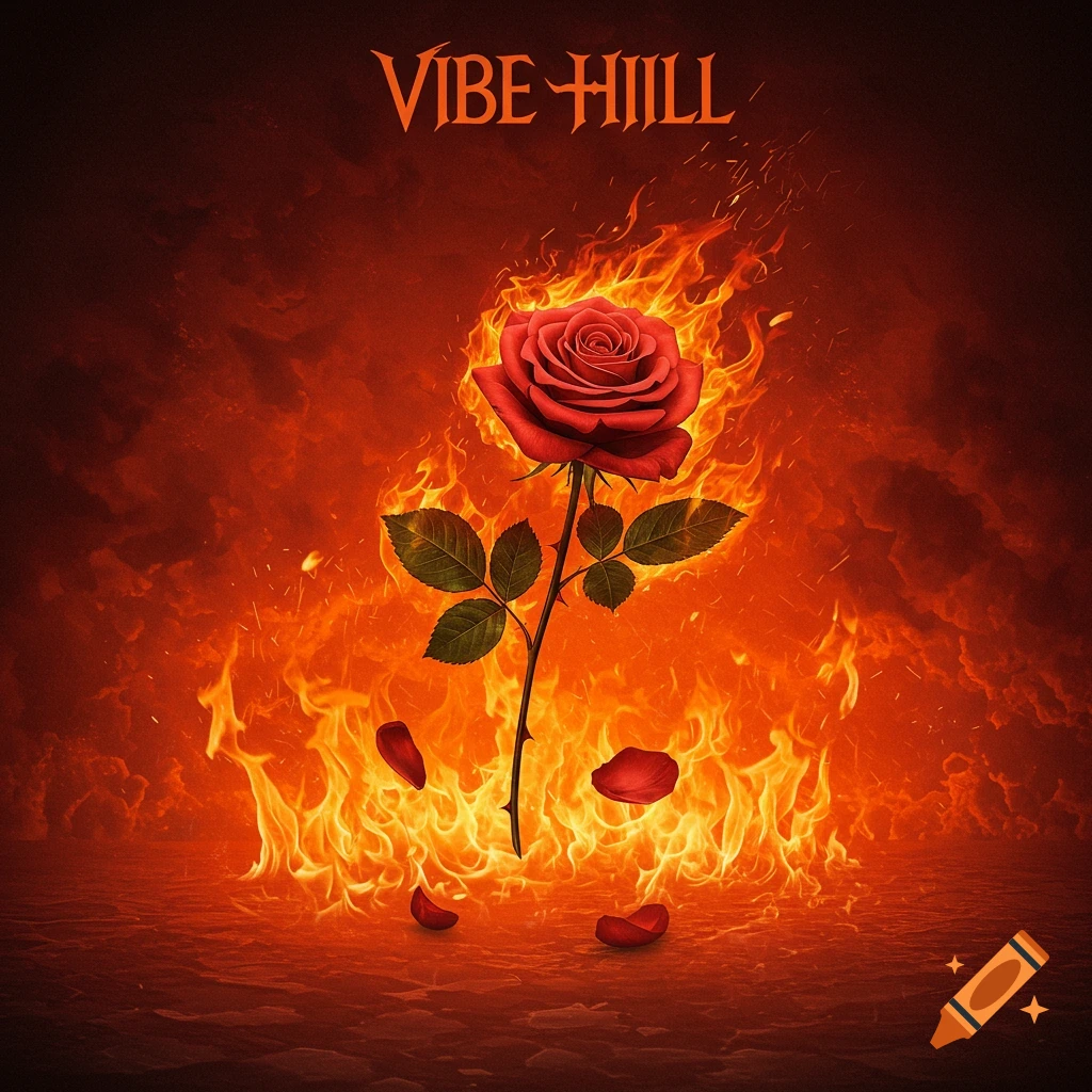 A red rose is surrounded by intense flames, with text at the top.