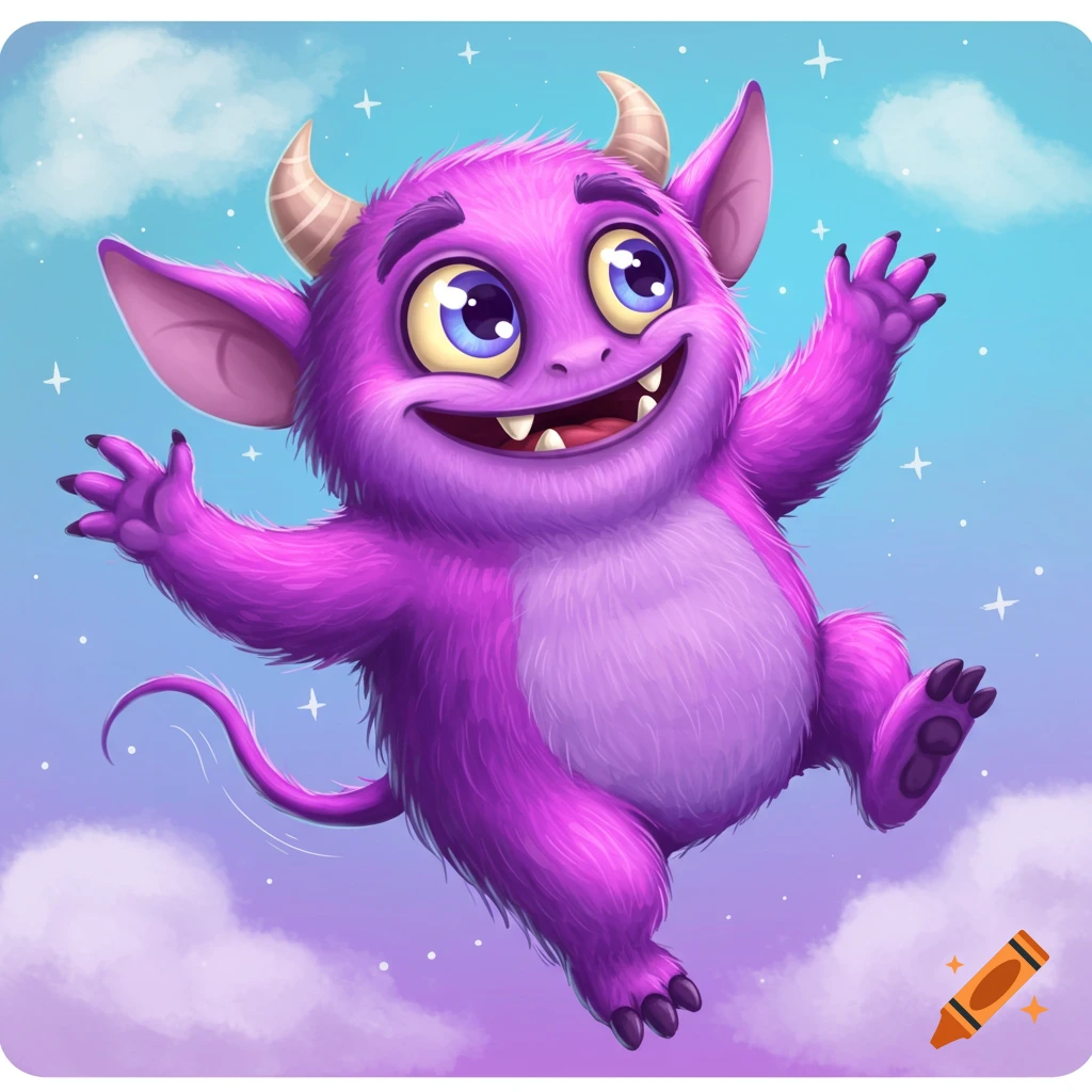 A cute purple monster with horns and big eyes jumps in a cloudy sky.