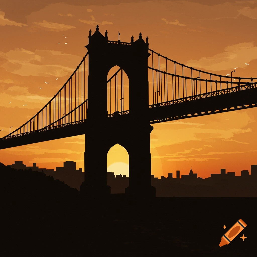 Silhouette of a bridge and cityscape against an orange sunset.