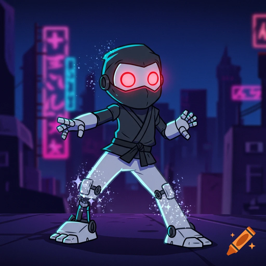 Cartoon robot ninja in a black outfit with glowing red eyes standing in a neon cyberpunk city.