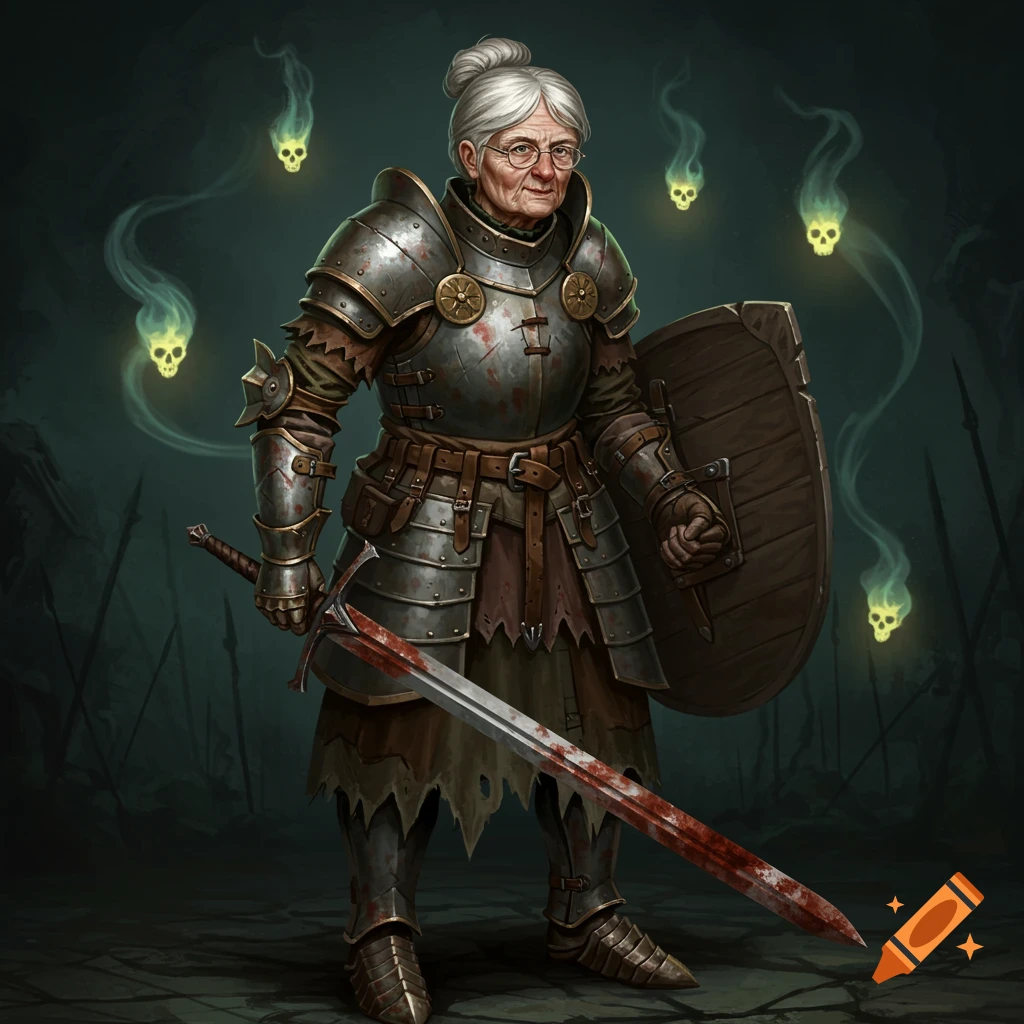 An elderly woman in dented plate armor holding a bloody sword and shield, surrounded by glowing spectral skulls in a dark, gothic style.
