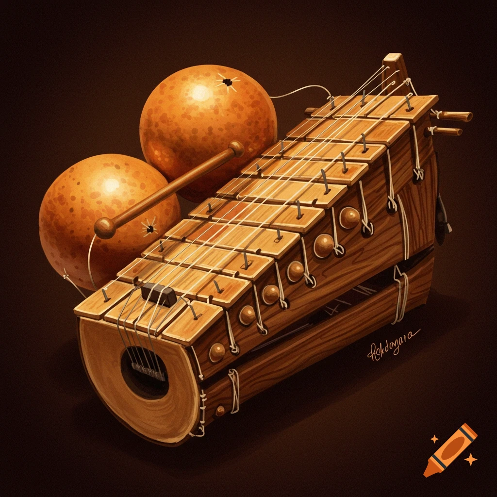 A balafon musical instrument with two orange gourds or fruit.