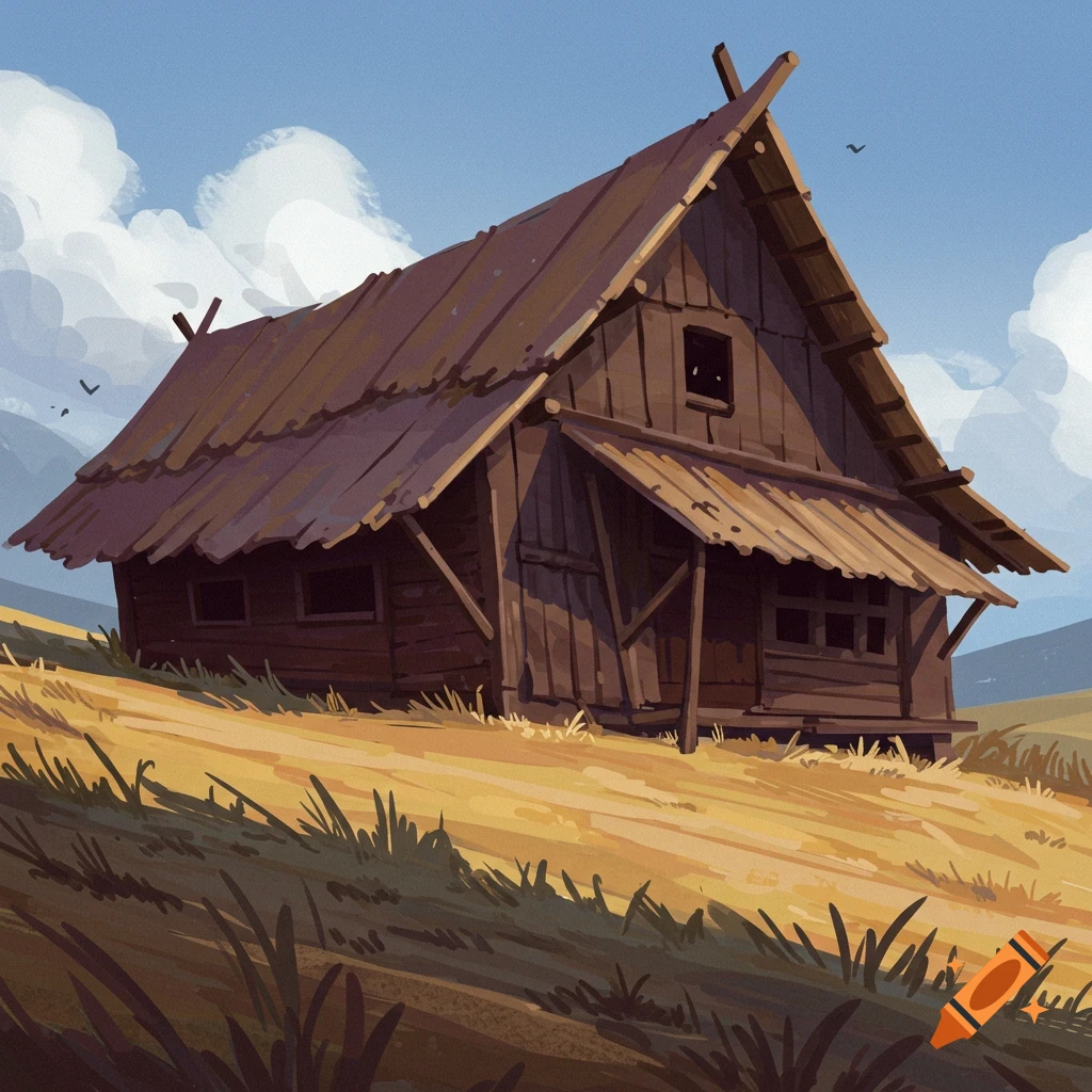 A stylized image of a rustic wooden cabin on a grassy hillside under a cloudy sky.