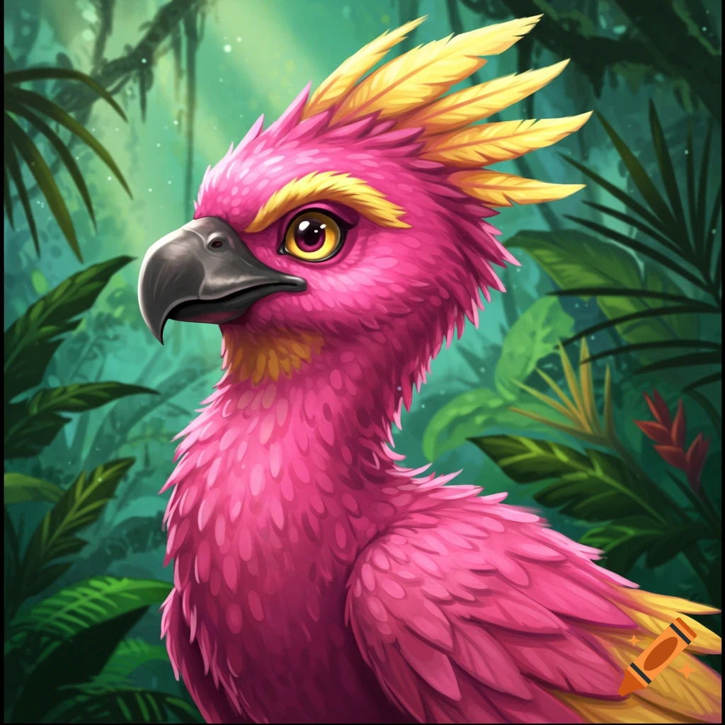 Pink and yellow fantasy bird character in a jungle