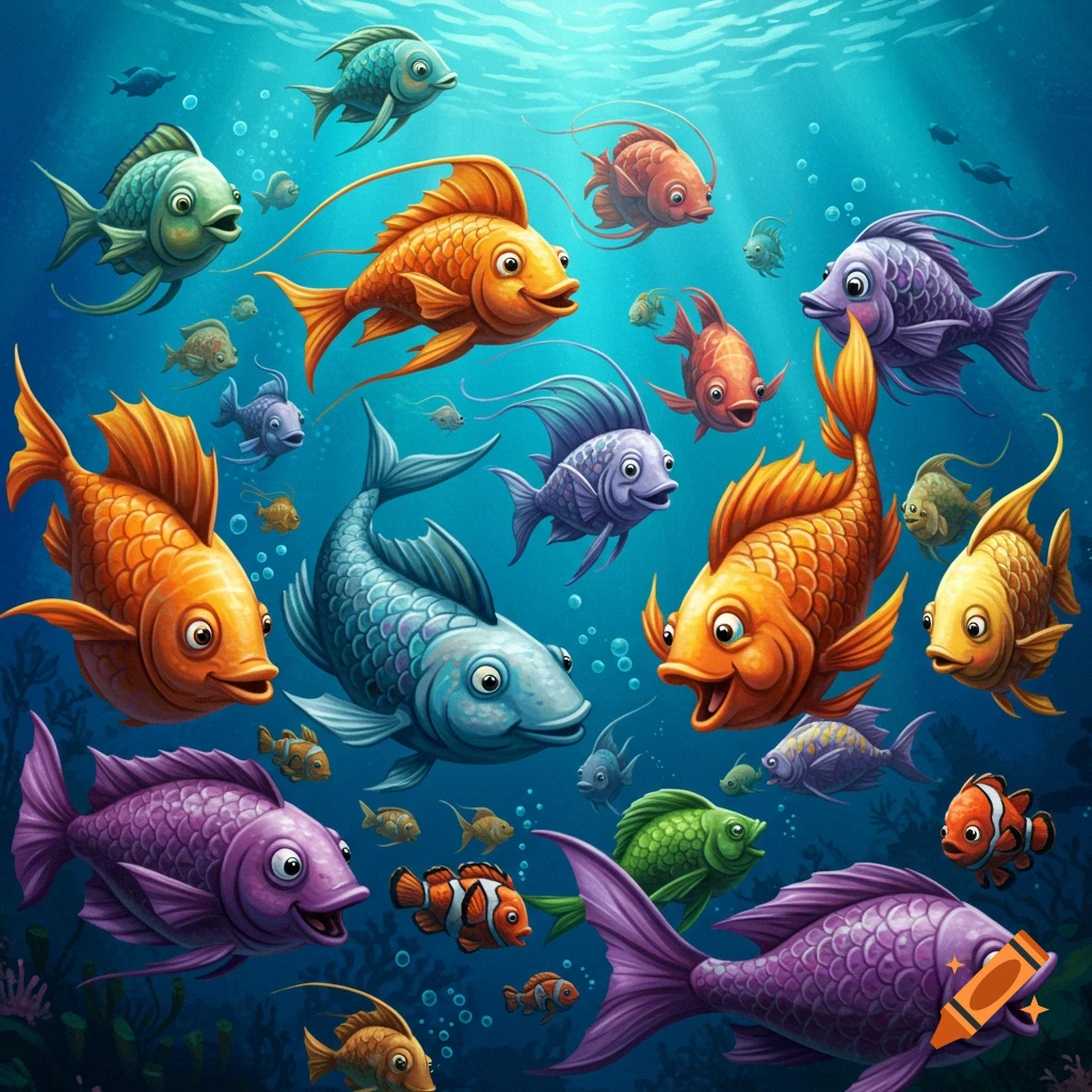 Colorful stylized fish swimming in the ocean