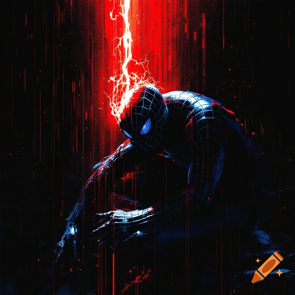 A dark, stylized image of Spider-Man crouching as red lightning strikes his head.