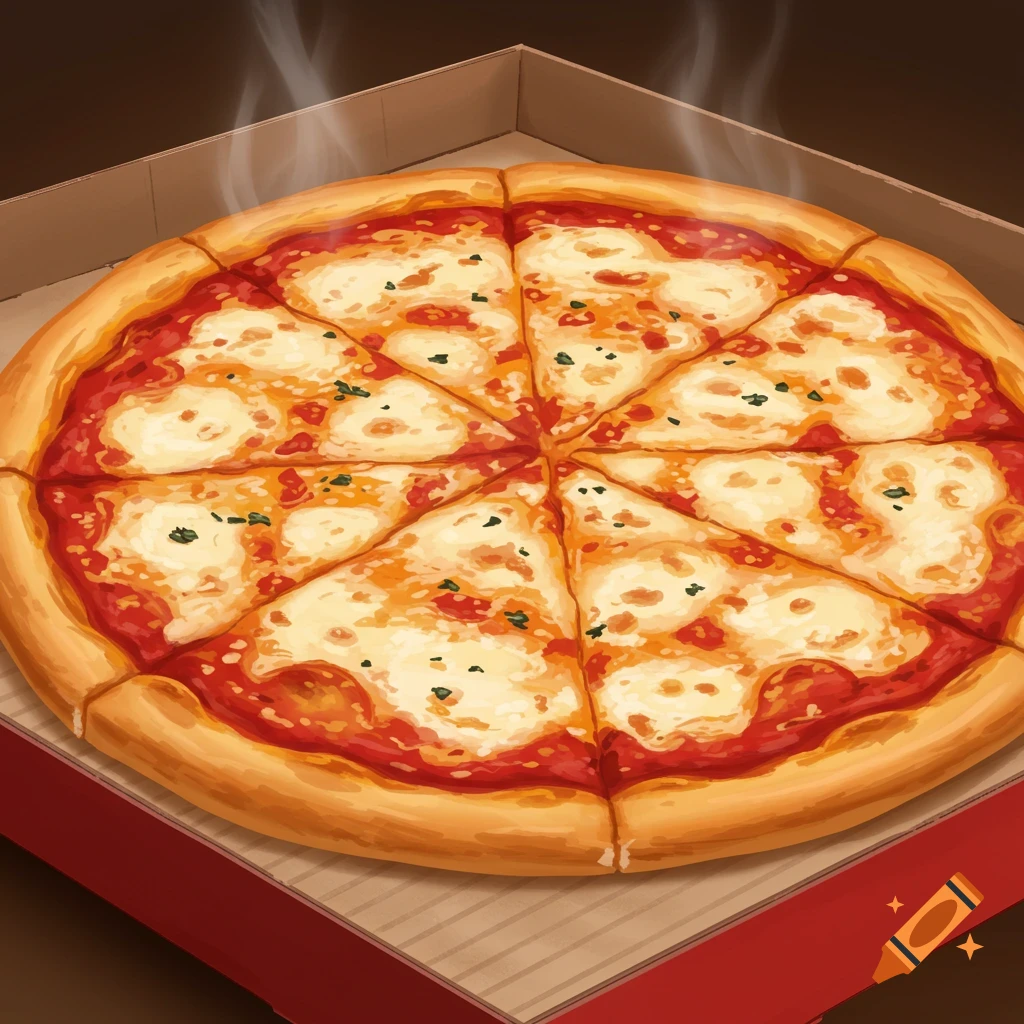 A steaming plain cheese pizza sliced in a cardboard box.