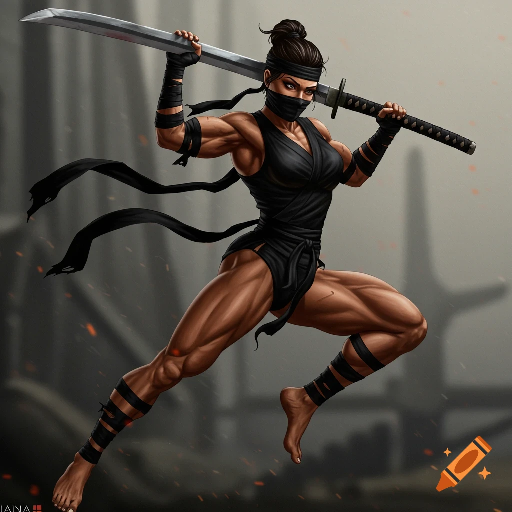 Muscular female ninja in black, holding a katana in a dynamic pose.