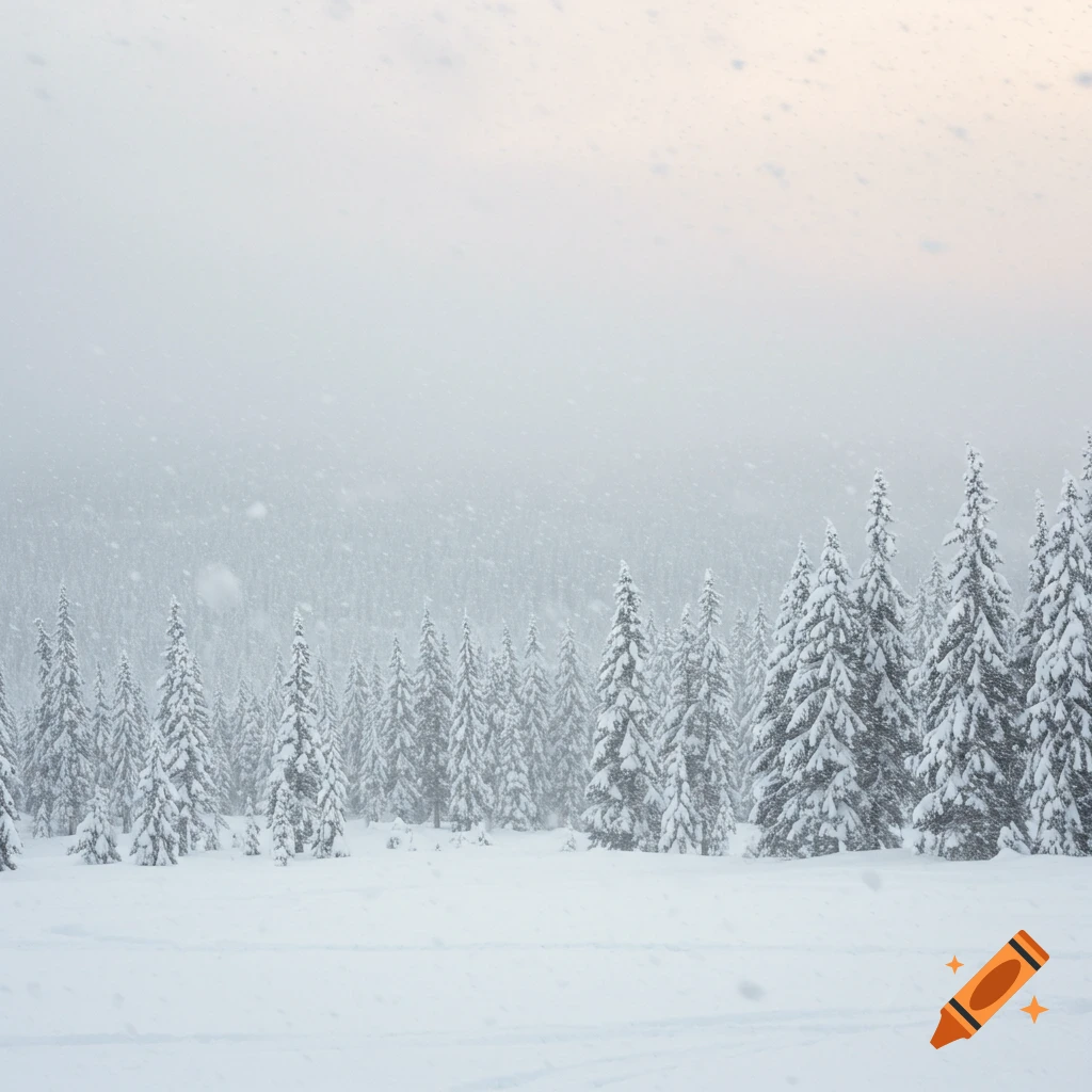 A snowstorm blankets a forest of evergreen trees.