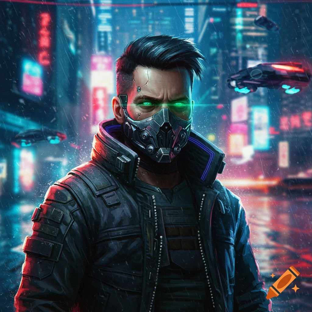 A cyberpunk man wearing a mask with green eyes, standing in a rainy futuristic city.