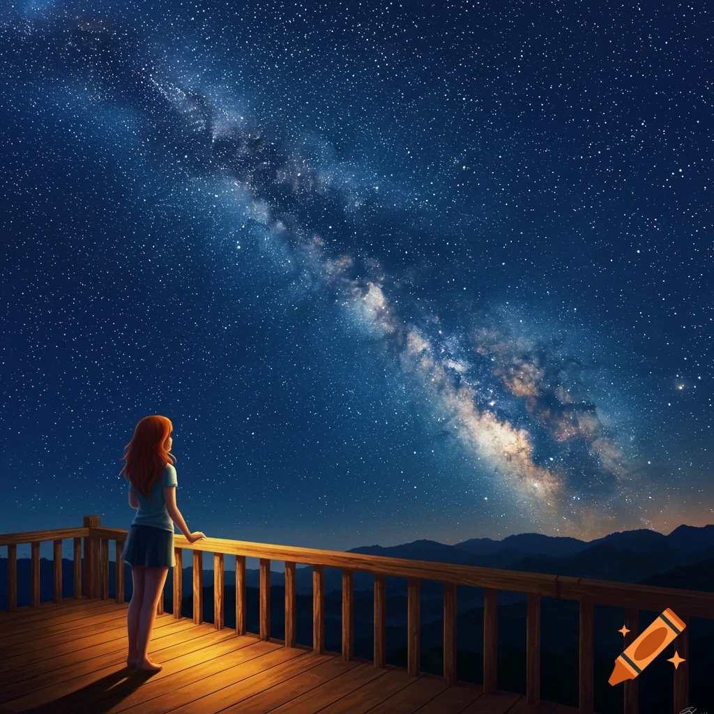 A person stands on a wooden deck looking up at the bright Milky Way in the night sky. Digital art.