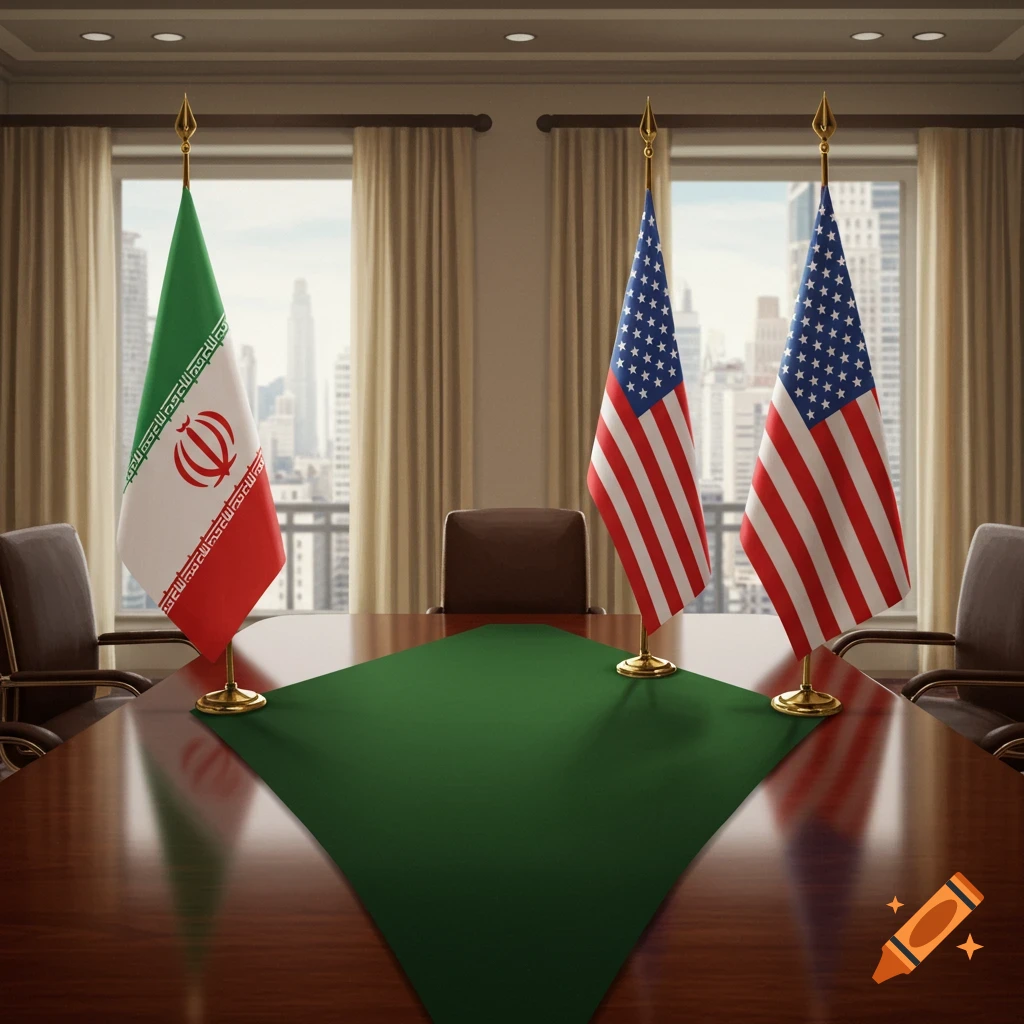 Negotiation table with flags of Iran and the United States in a meeting room overlooking a city skyline.