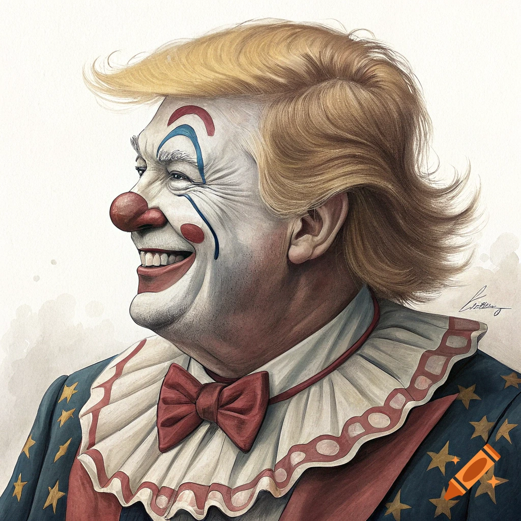 Illustration of a man resembling Donald Trump wearing clown makeup and costume