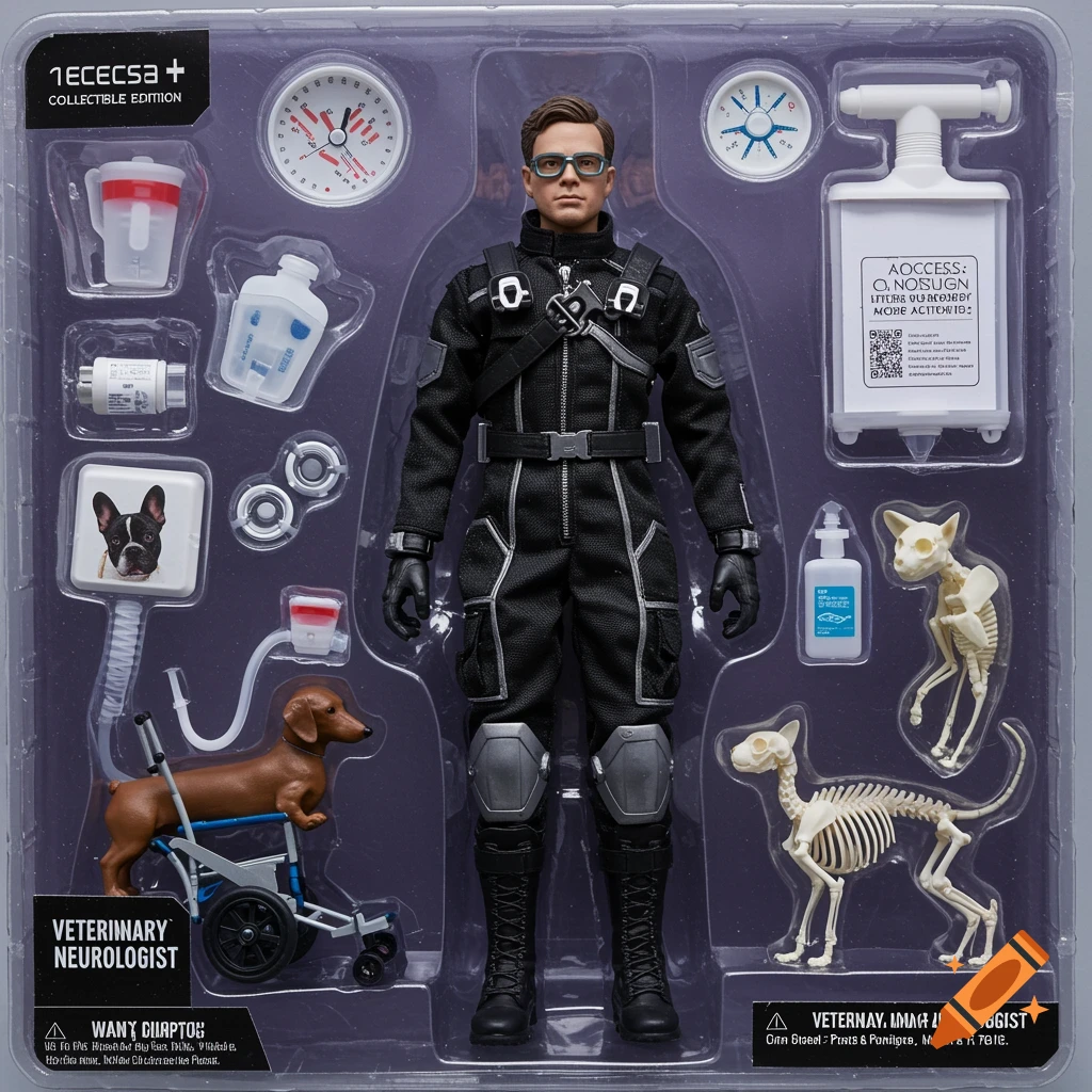 A futuristic action figure of a veterinary neurologist in a plastic toy box with toy animals and medical accessories.