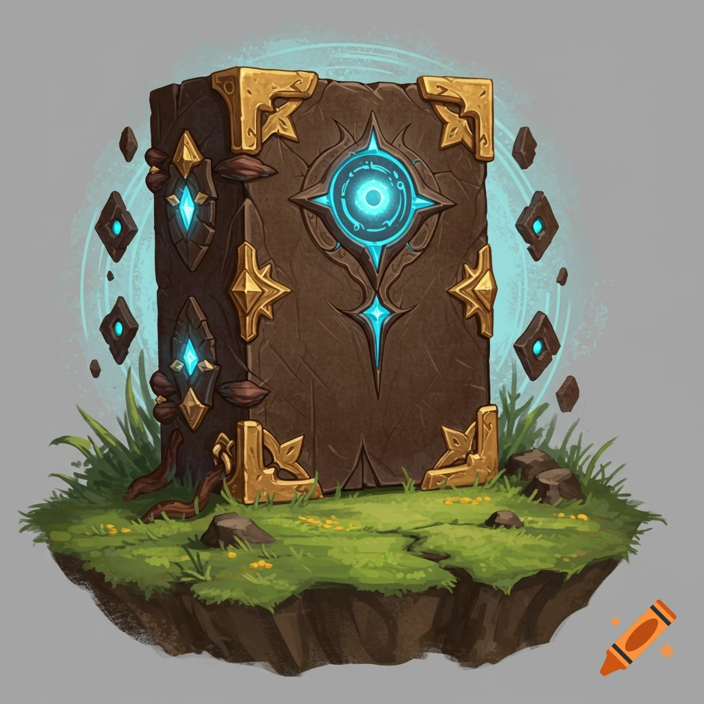 Fantasy illustration of a magical ancient book on a floating island.