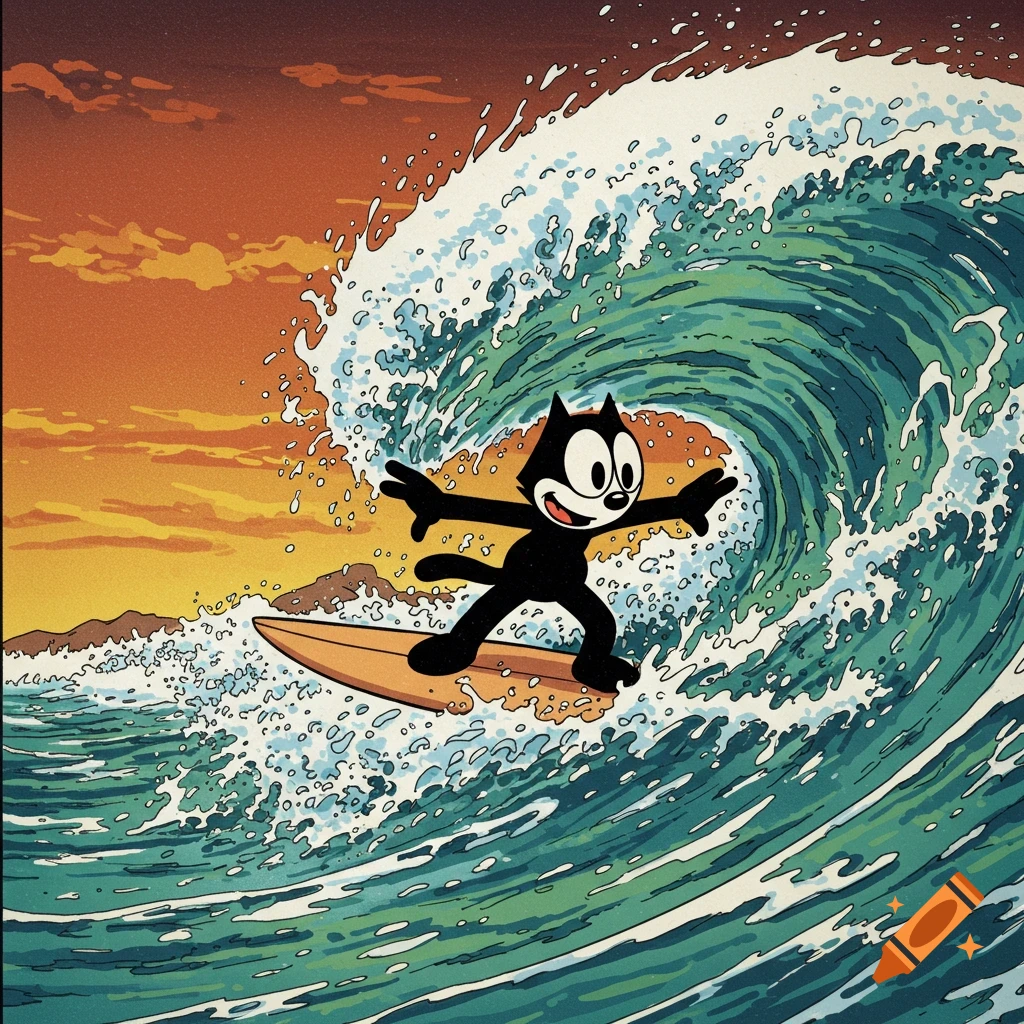 Felix the Cat surfing a large wave in comic book style.