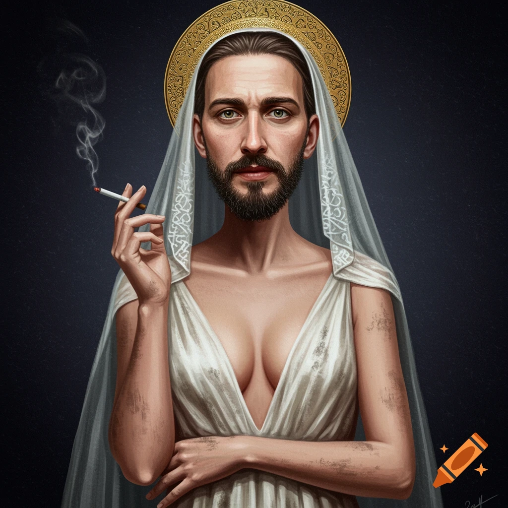 Painting of a bearded person with a halo and veil wearing a low-cut white dress, smoking a cigarette.