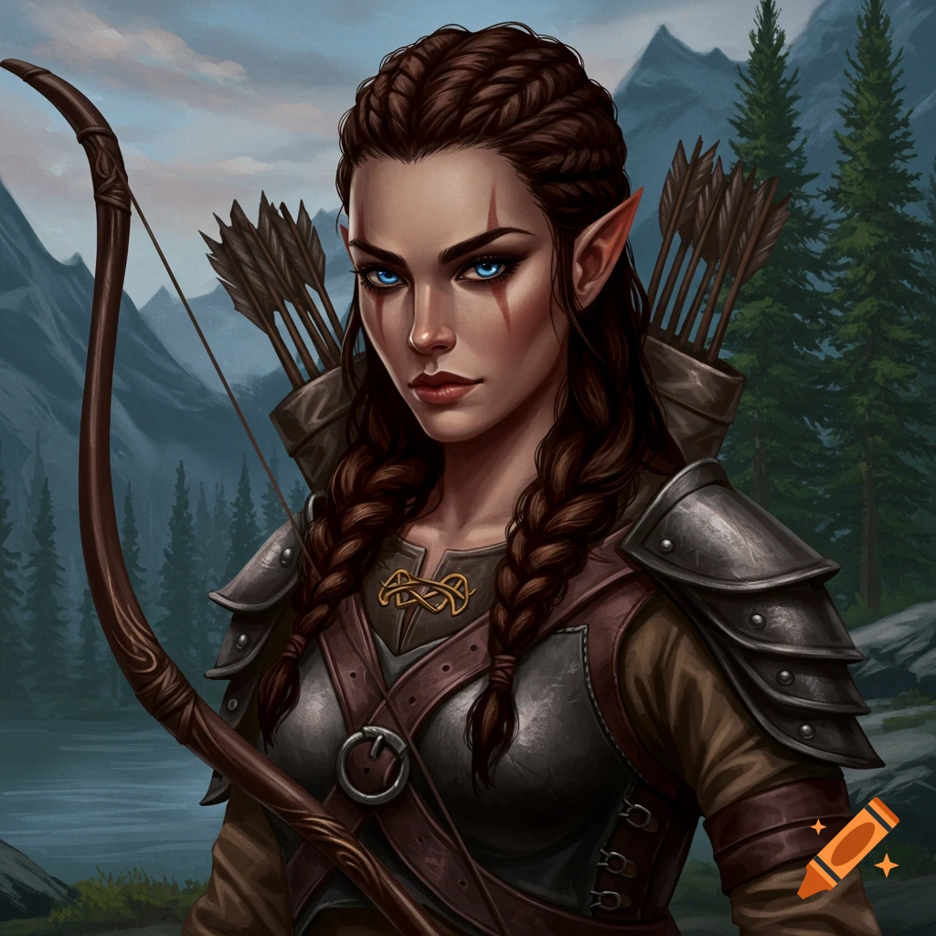 A fantasy elf archer with braided hair and armor, holding a bow, against a mountain landscape.