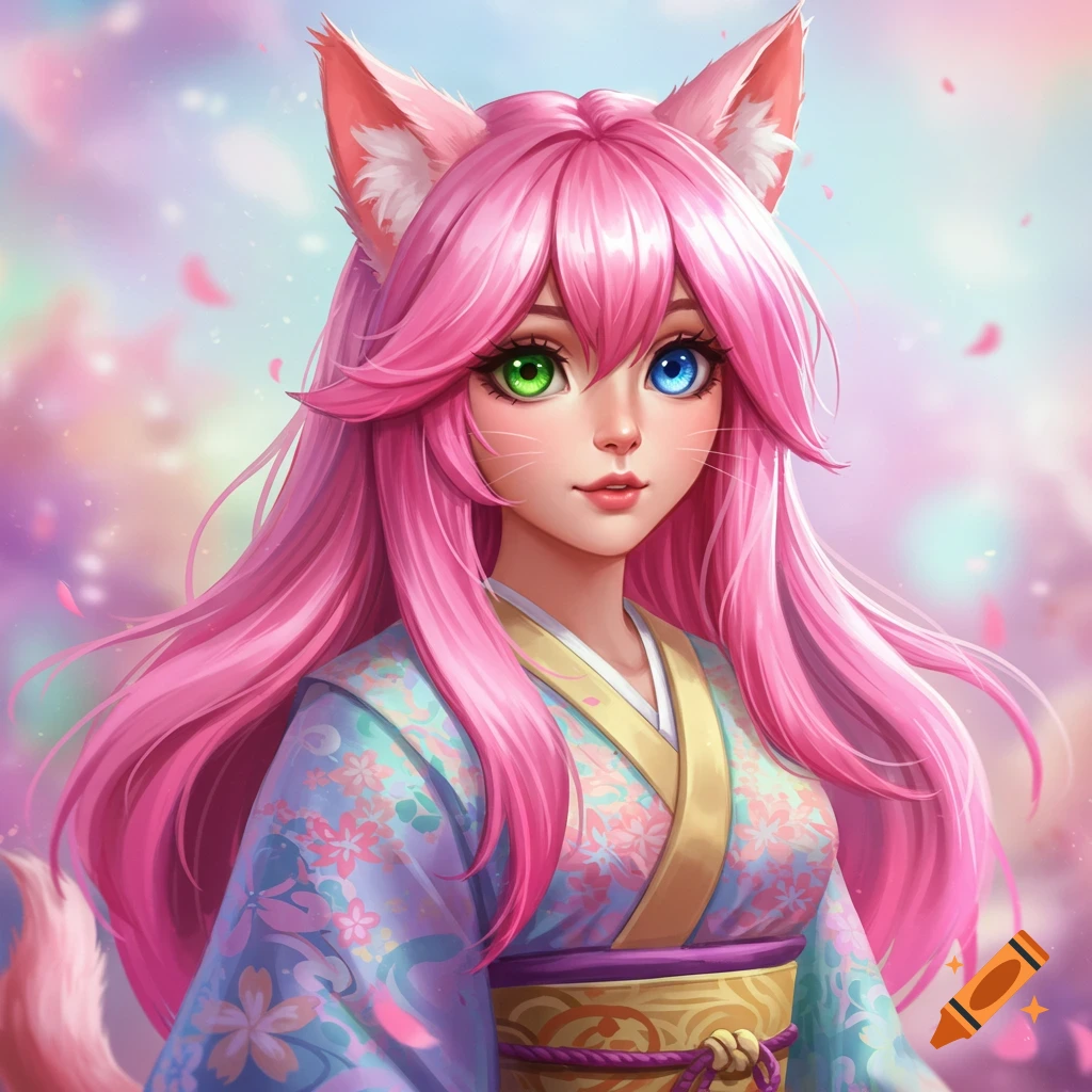 A pink-haired neko girl in a kimono with heterochromia eyes against a soft, floral background.