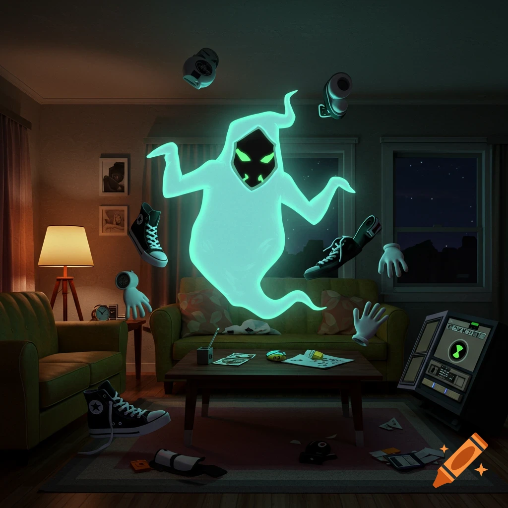 Ghostfreak ghost levitates in a retro living room, floating objects, shoes, and gloves around them.