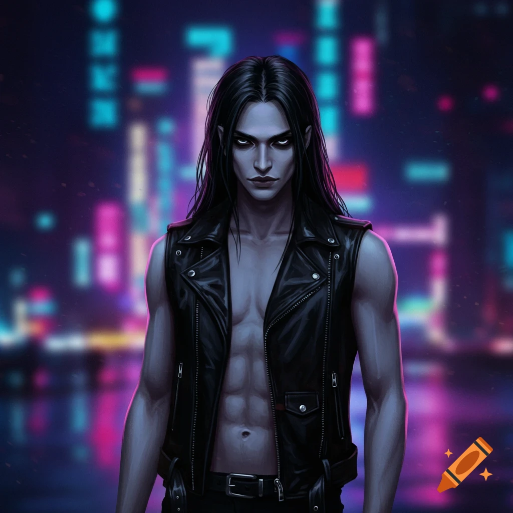 A gothic man with long black hair and pale skin wearing a leather vest in a neon city night.