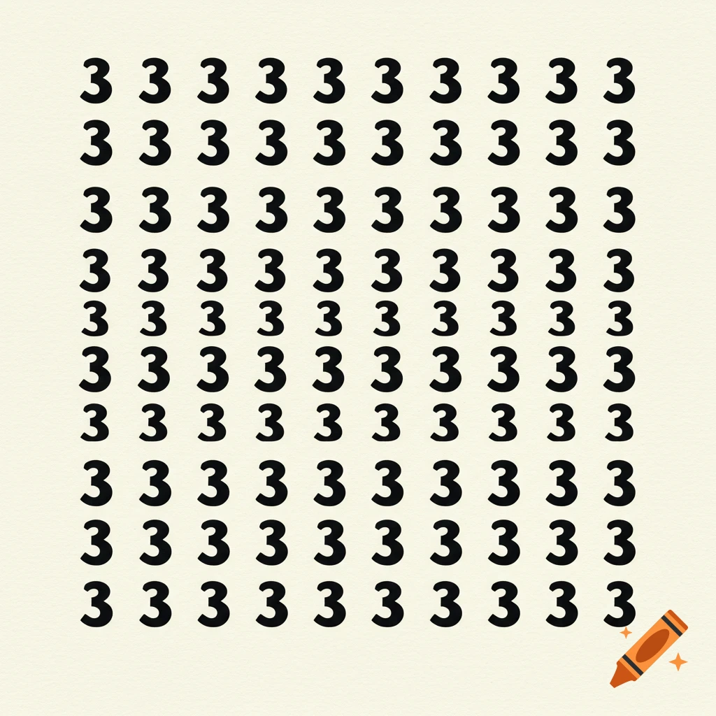 A dense grid pattern consisting of the number 3 repeated 100 times on a light background.
