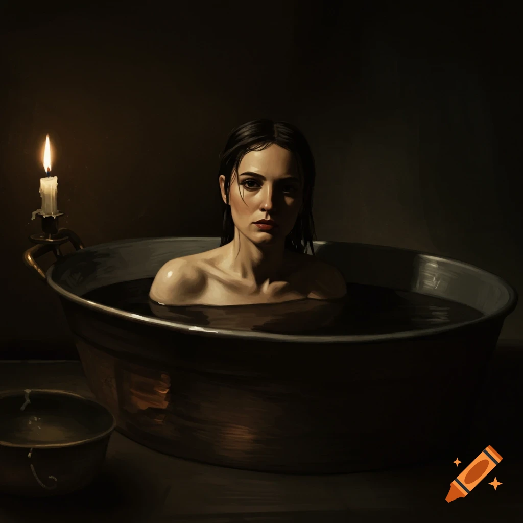 Painting of a woman bathing by candlelight