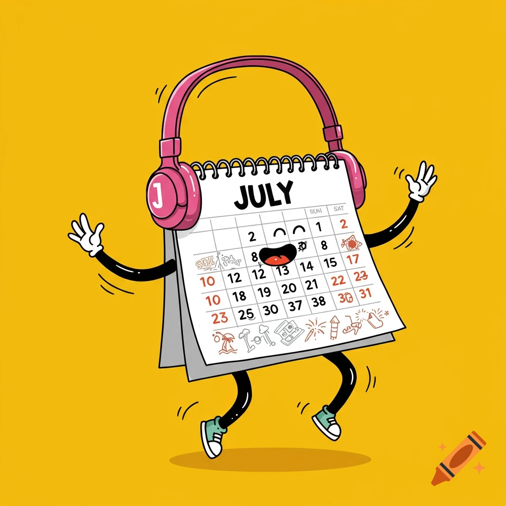 Cartoon July calendar with arms and legs wears pink headphones and dances on a yellow background.