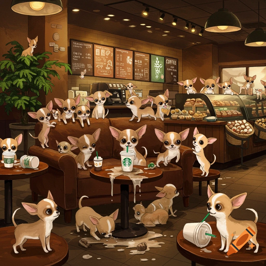 Many small Chihuahuas swarming a coffee shop in a cartoon style.