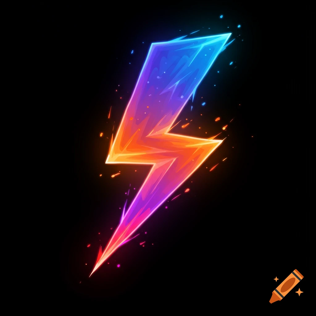 A stylized image of a lightning bolt with a blue-orange-purple gradient on a black background.