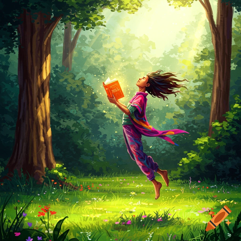 A person floats in a sunlit forest clearing, reading a glowing book.