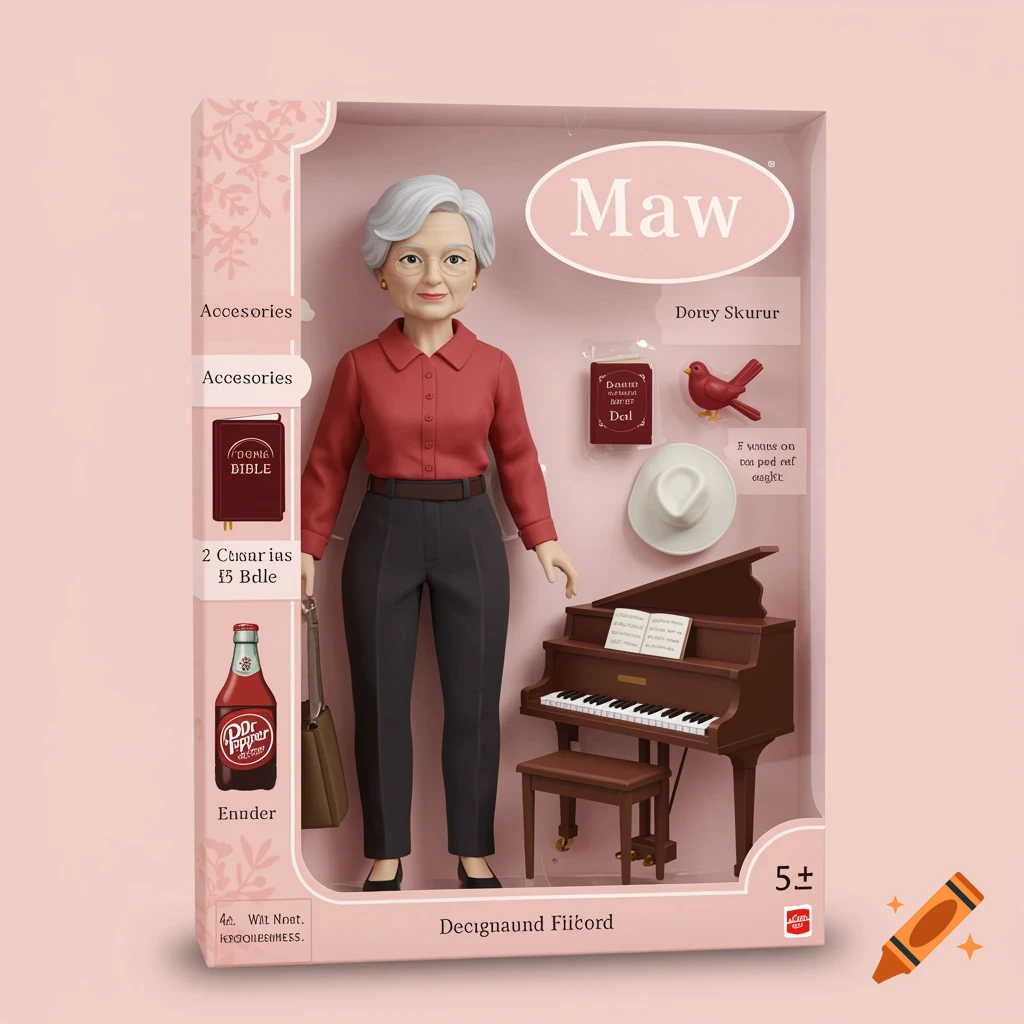 Collectible doll figure of an older woman in retail packaging with miniature accessories including a piano, books, Dr. Pepper bottle, and bird.