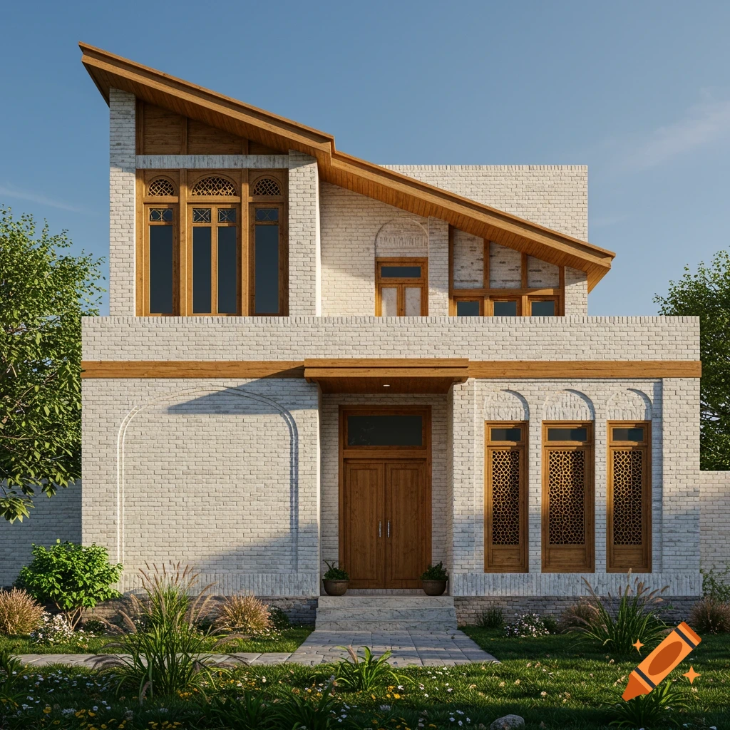 A modern Iranian house facade with traditional brick and wood details, featuring a sloped roof and arched windows, in sunny daylight.