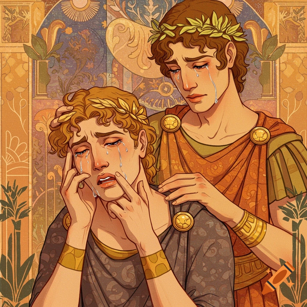 Two ancient Greek figures with laurel wreaths, one comforting the other who is crying.