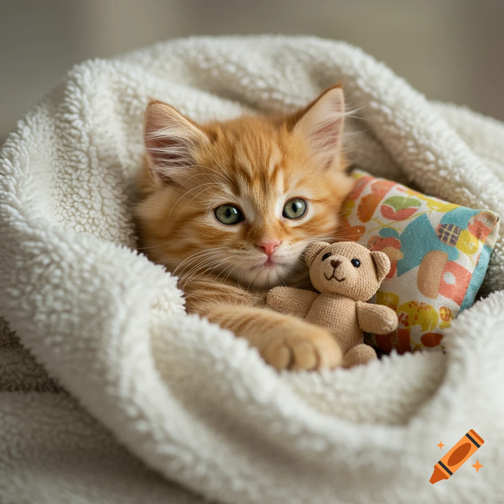 An orange kitten wrapped in a white blanket with a teddy bear and pillow