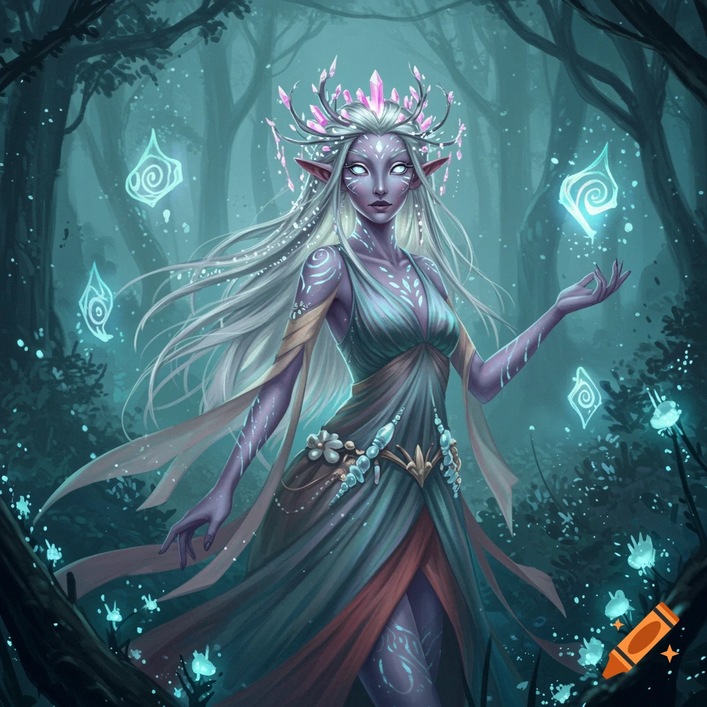 An ethereal female fantasy creature is shown in a forest with glowing elements.