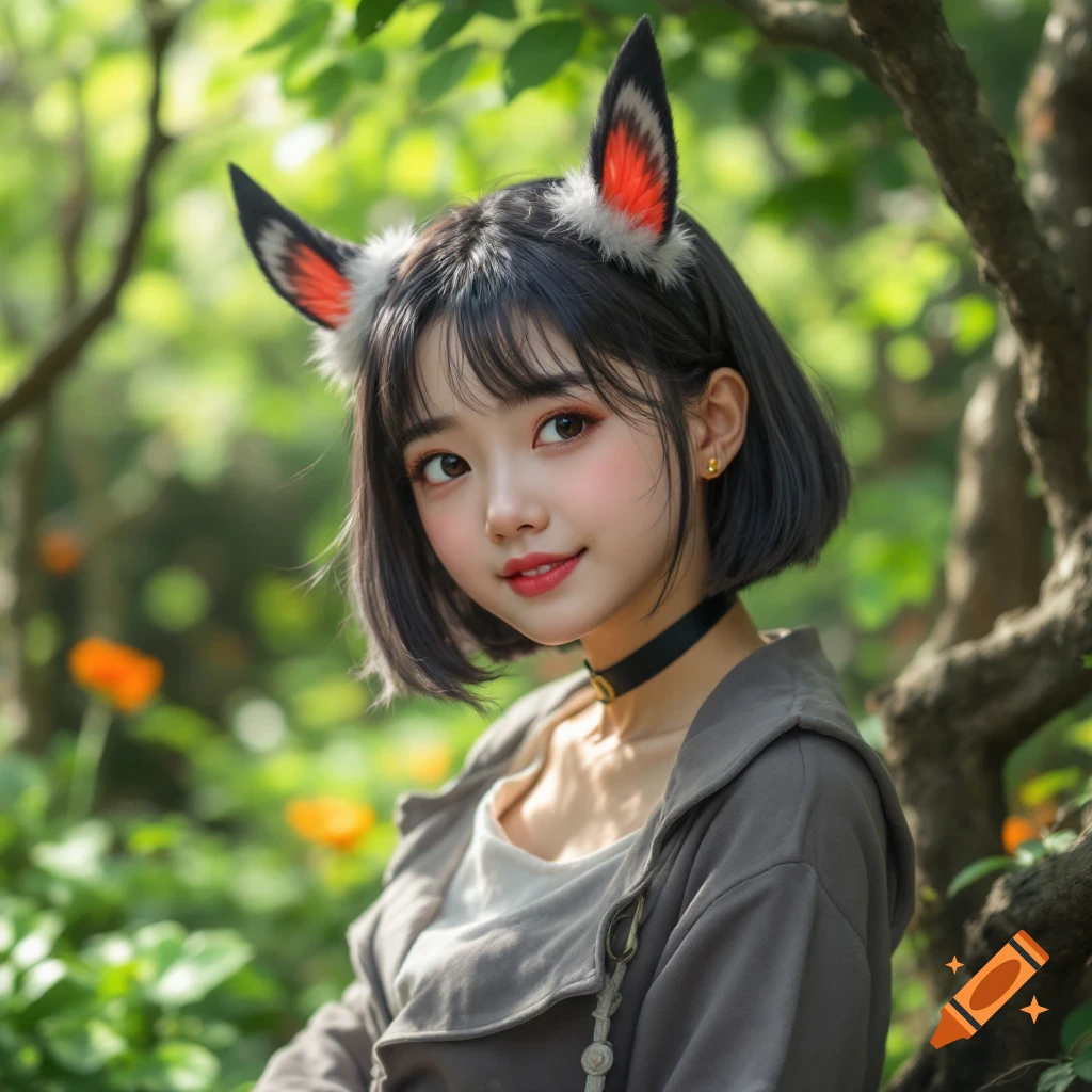 A young woman wearing animal ears headwear poses in a sunlit forest.