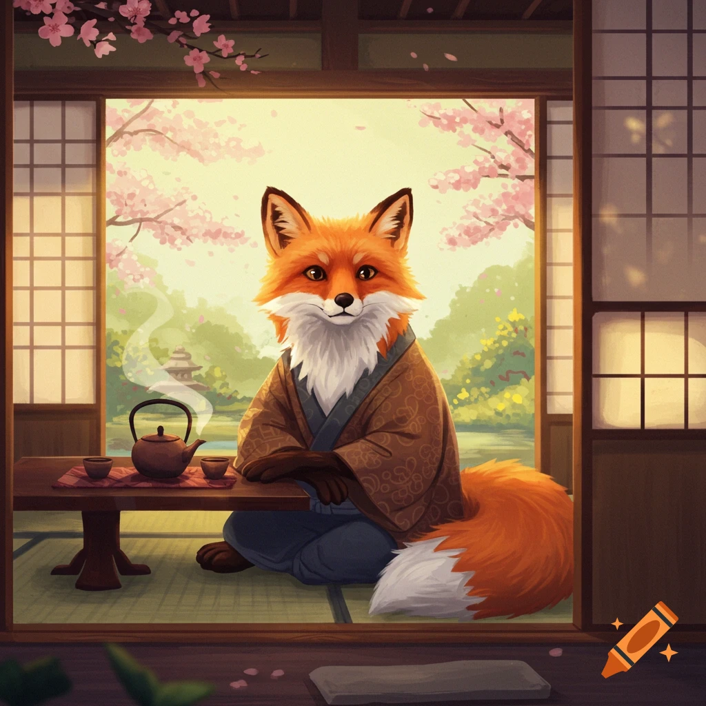 A fox in traditional Japanese clothing is sitting at a tea table looking out a window with cherry blossoms.