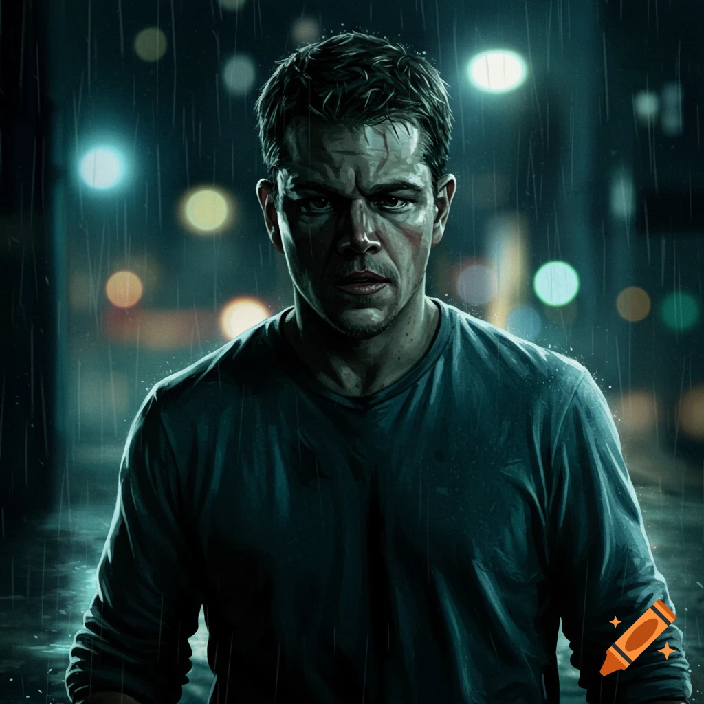 An intense man with facial scars stands in the rain at night.
