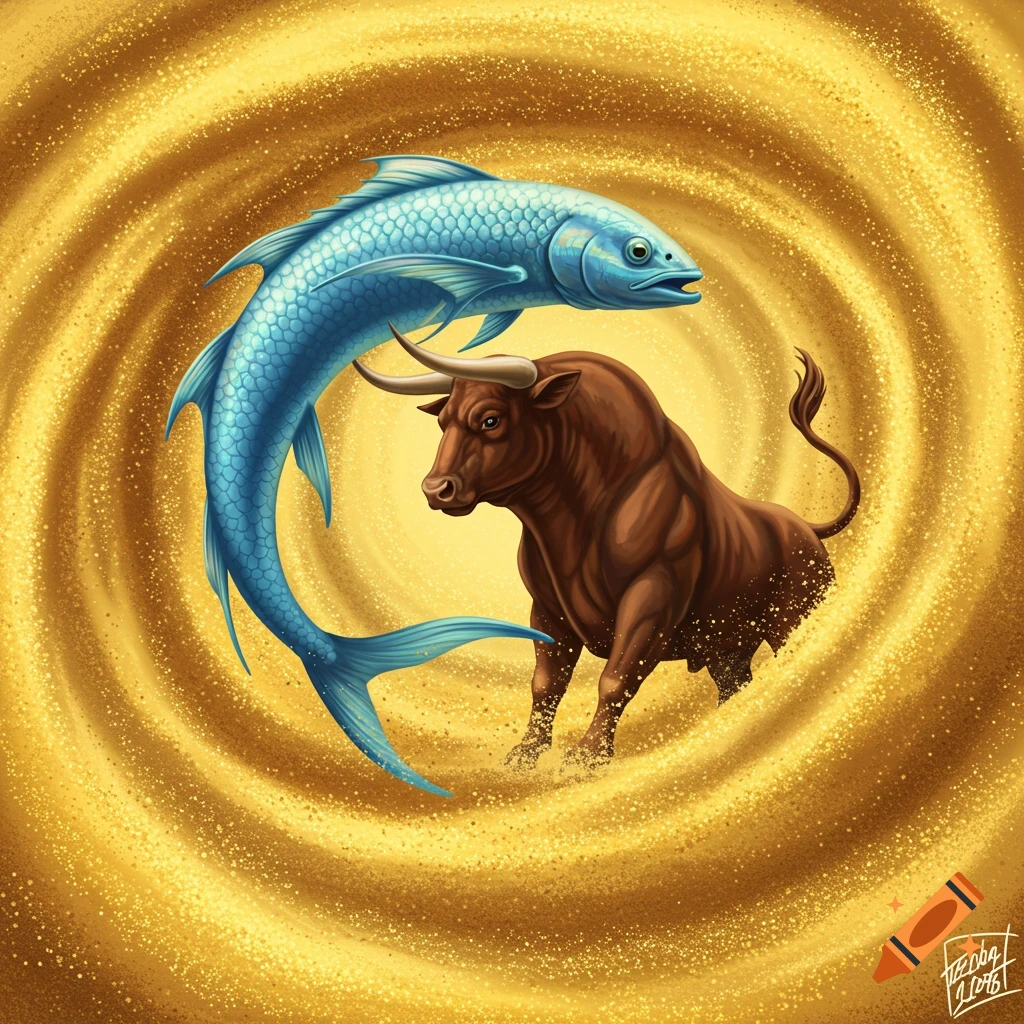 A bull and a fish in a swirling golden sand vortex.
