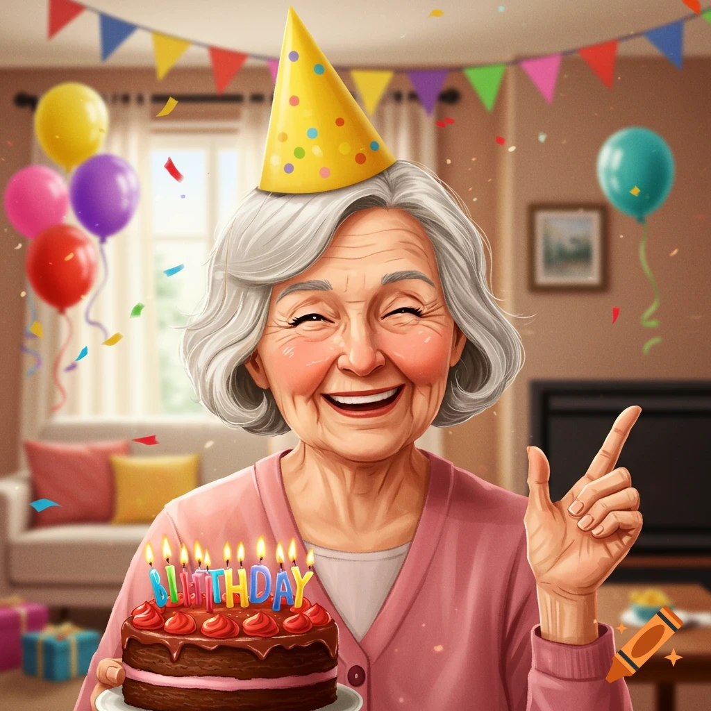 A happy older woman wears a party hat, holds a birthday cake with candles, and points.