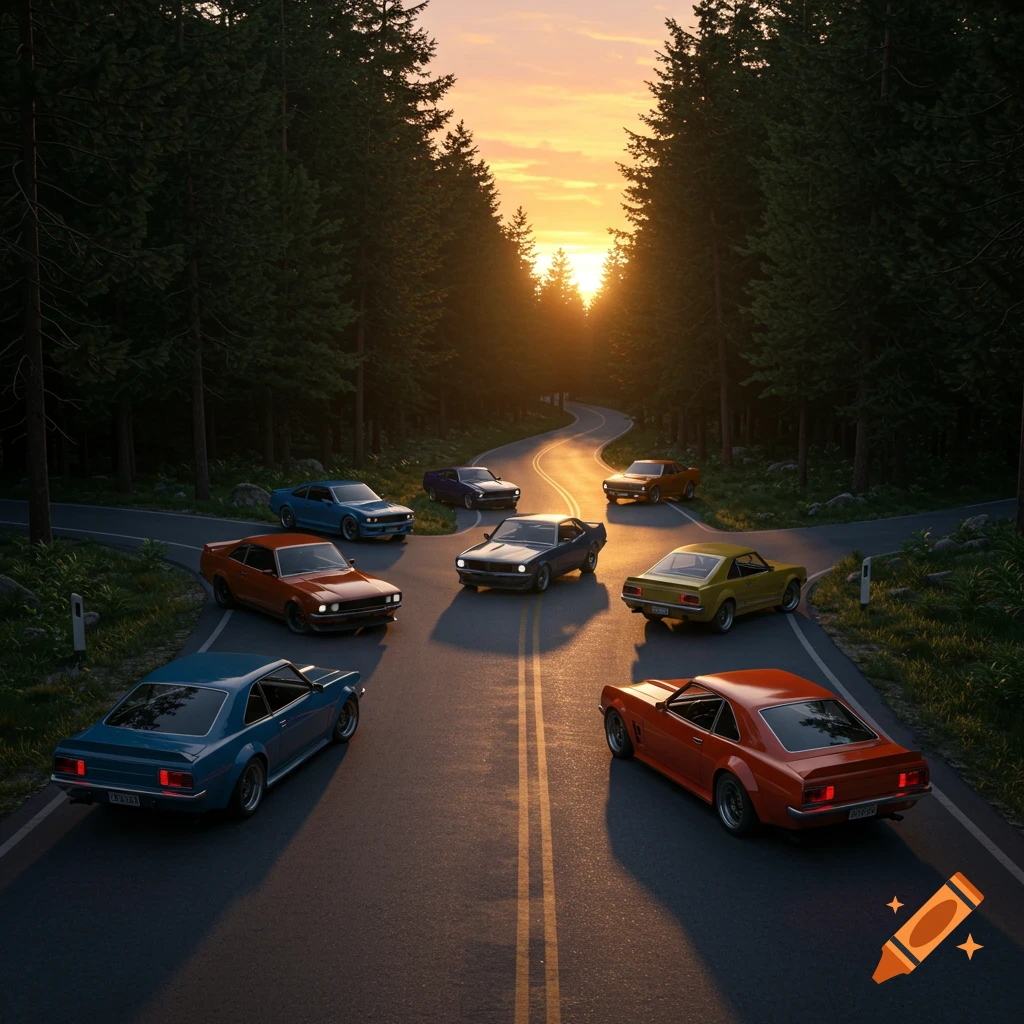 Multiple classic cars on a winding road through a forest at sunset.