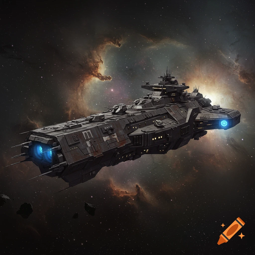 A gritty military starship flying through space near a nebula.