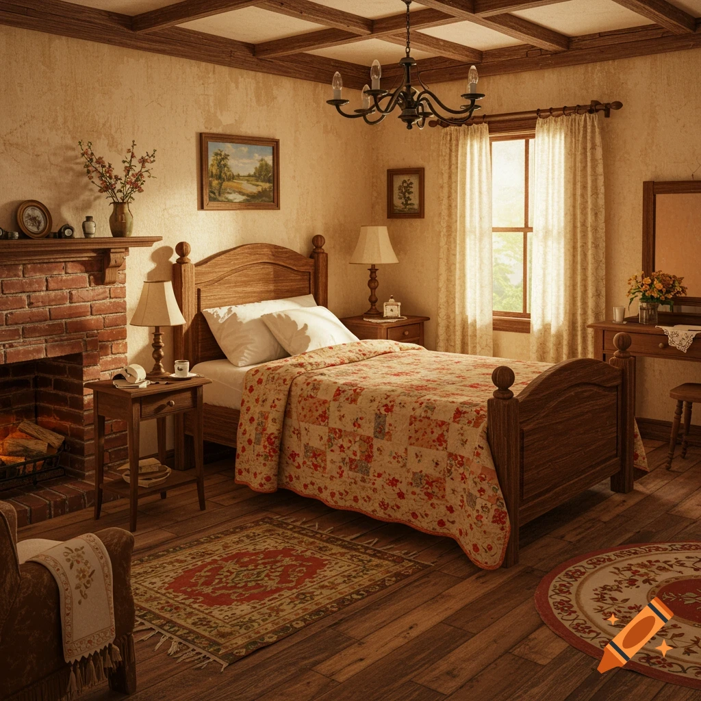 A rustic bedroom interior with a fireplace, bed, and wooden furniture.