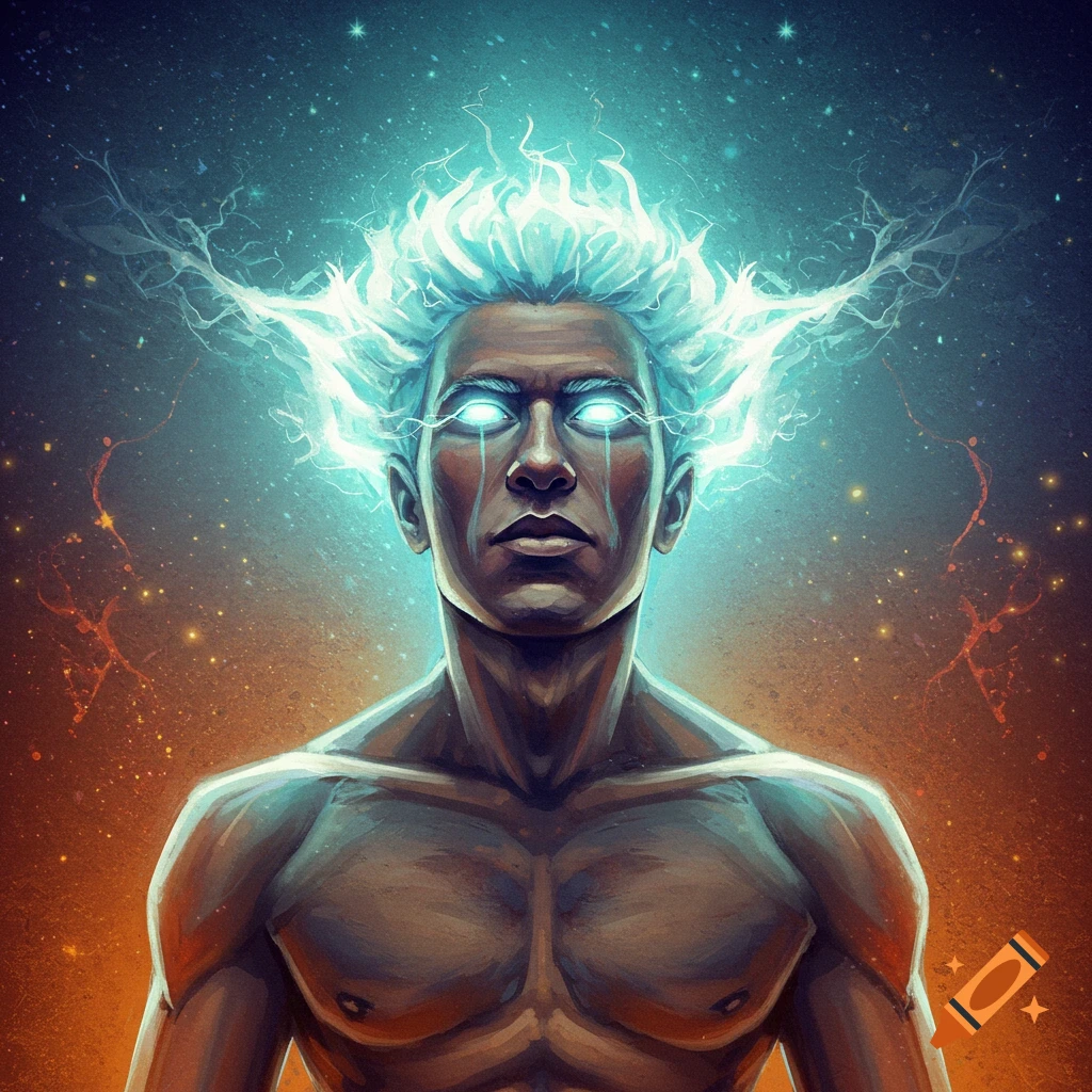 A man with glowing eyes and hair is shown against a cosmic background.