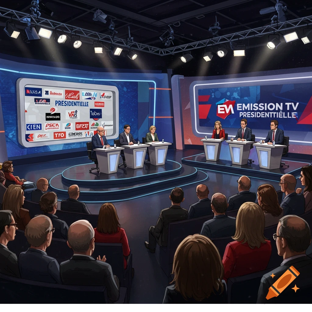 A stylized illustration of a political debate television show set, with participants sitting at desks and an audience watching.